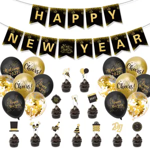 Detailed arrangement of 2027 Happy New Year party decorations in elegant black and gold