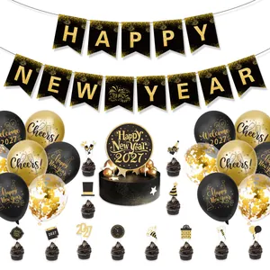Complete 2027 Happy New Year party decoration kit with black and gold banner and balloons