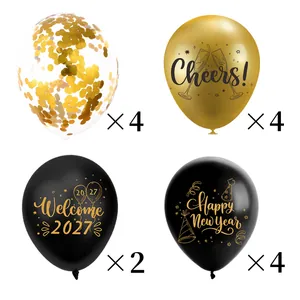 Decorative 2027 Happy New Year balloon set with confetti and gold printed graphics