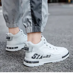 Stylish white mid-top microfiber leather sneakers with side letter prints for men