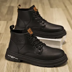 Black microfiber leather mid-top Martin boots with durable thick soles for outdoor men