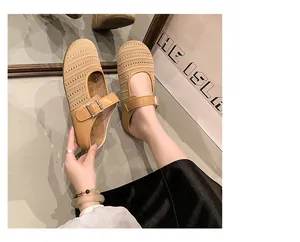 Detail of beige mesh Mary Jane mules with buckle strap and chunky platform sole