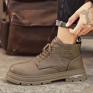 Men's olive green mid-top micro-fiber leather Martin boots with thick outdoor work sole