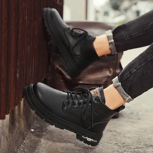 Men's black mid-top micro-fiber leather work boots with thick anti-slip sole