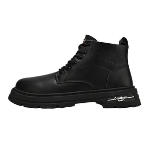 Black micro-fiber leather mid-top Martin boots with thick soles for men