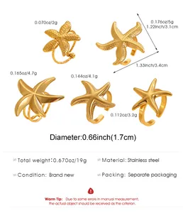 Detailed product dimensions for gold starfish adjustable rings in stainless steel