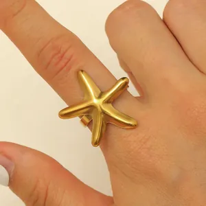 Macro detail of a gold-plated stainless steel starfish ring with adjustable band