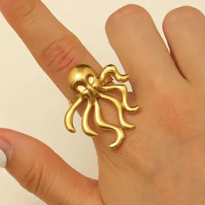 Golden octopus-shaped adjustable stainless steel ring shown worn on a finger detail view