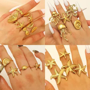 Ocean Theme Stainless Steel Open Adjustable Ring For Women Gold Plated Starfish Shell Seahorse Resizable Resort Fashion Jewelry Collection