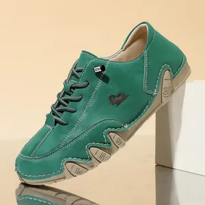 Green casual low-top leather shoes featuring a unique octopus wavy sole and contrast stitching