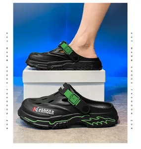 Men's outdoor breathable hole shoes in black with green buckle, dual-purpose beach sandals.