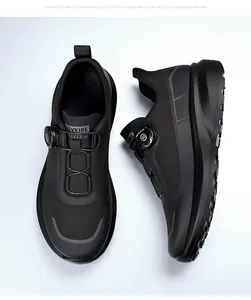 Vista superior y lateral de zapatillas deportivas negras para hombre con hebilla giratoria