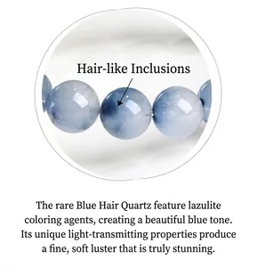 Macro detail of blue rutilated quartz beads showing natural dumortierite hair inclusions