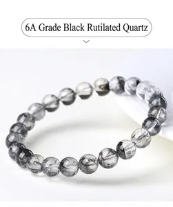 Auténtica pulsera de cuentas de cuarzo rutilado negro natural con cristal claro