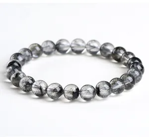Pulsera de cuentas redondas de cuarzo rutilado negro natural de grado 7A superior