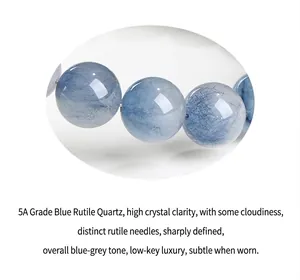Macro detail of 5A grade natural blue hair quartz beads showing fine rutile inclusions