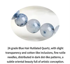 Macro detail of natural blue rutilated quartz beads showing fine blue needle inclusions