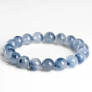 Natural Blue Rutilated Quartz Bracelet Blue Rabbit Hair Wire Crystal Round Bead Healing Energy Unisex Jewelry Gift Stretch Hand Chain
