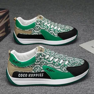 Premium designer green and white canvas casual sneakers for men with unique rose pattern.