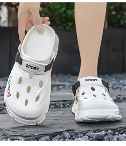 Detailed close-up view of white breathable outdoor clogs for men with adjustable SPORT strap