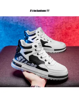 Close-up of high-top white and black microfiber leather sneakers with side logo