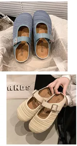 Detailed close-up of women's mesh platform mules in dust blue and beige with buckle straps
