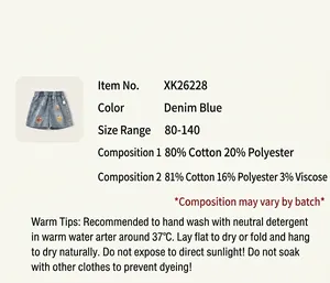 Información de materiales y guía de lavado para shorts vaqueros de niña, tallas 80-140.