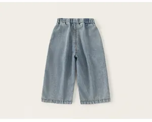 Vista trasera de alta calidad de pantalones vaqueros de pierna ancha para niña con cintura elástica