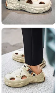 Close-up of beige platform garden clogs with adjustable straps for men