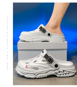 Side view of white breathable men's outdoor clogs with adjustable buckle strap