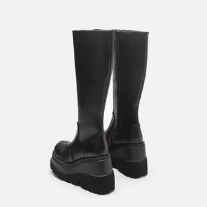 Gothic stijl zwarte plateau kniehoge laarzen met dikke sleehakken en ritssluiting