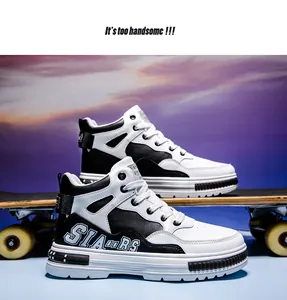 Stylish men's black and white high-top skate shoes displayed on a wooden skateboard