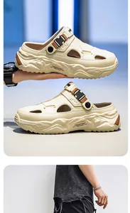 Detailed shots of beige platform clogs with thick soles and breathable hole design