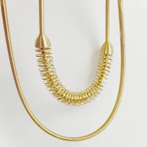 Detailed view of a gold-toned metal choker with unique coiled spring geometric accents.