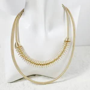 Detailed close-up of gold geometric collar necklace with spiral texture on mannequin