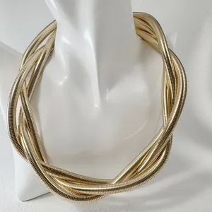Close-up of chunky gold multi-strand stylish snake chain collar necklace for women
