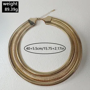 Statement gold-toned triple-layered metal collar necklace with weight and size info.