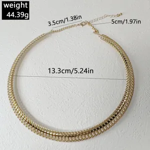Gold metal collar necklace with geometric ring design showing size and weight specs