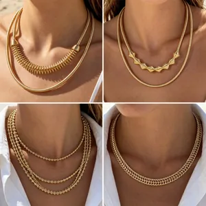 Four styles of Western fashion gold metal geometric collar statement necklaces for women.