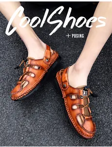 Men's handmade stitched orange leather sandals with closed-toe design shown on road