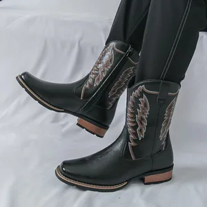 Schwarze Herren-Cowboystiefel mit Stickerei, Vintage-Stil und Holzmaserung-Sohle