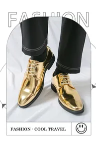 Shiny gold metallic men's dress shoes with pointed toe and glitter laces