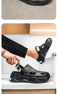 Close-up view of black men's sport clogs featuring thick soles and breathable hollow design