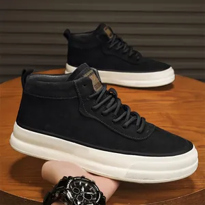 Men Mid Top Suede Platform Skateboard Shoes Street Outdoor Work Casual Thick Sole Sneakers Comfort Lace-up Walking Shoes