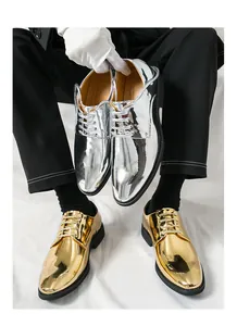 Men's formal dress shoes in shiny metallic gold and silver with pointed toe design
