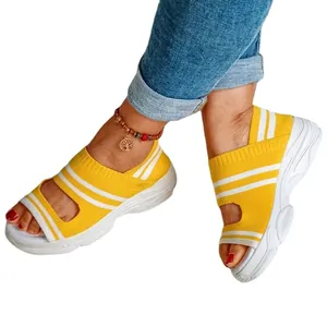 Gelbe Damen-Plateau-Sportsandalen aus Fly-Knit mit atmungsaktivem, hohlem Design