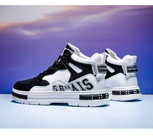 Professional side view detail of men's black and white high-top microfiber leather sneakers
