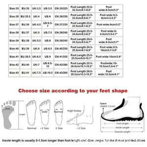 Detailed size chart for women's high heel sandals with foot measurement guide