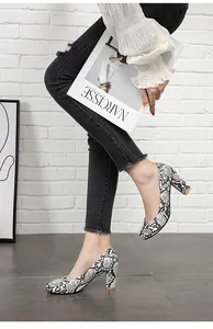 Stylish snake print round toe pumps with comfortable chunky heels and non-slip sole