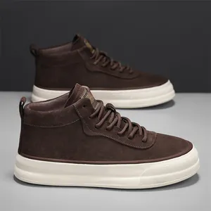 Stylish brown suede mid-top thick-sole platform sneakers for street style outdoor wear